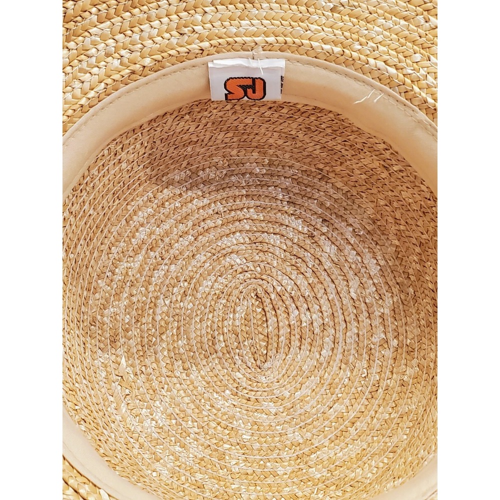 Vtg Natural Straw Bucket Boho Beach Hat Big Brim Chloe Cheetah Band One Size - Picture 5 of 5